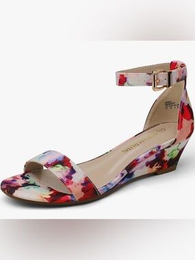 Floral Ankle-Strap Low Wedge Sandals
